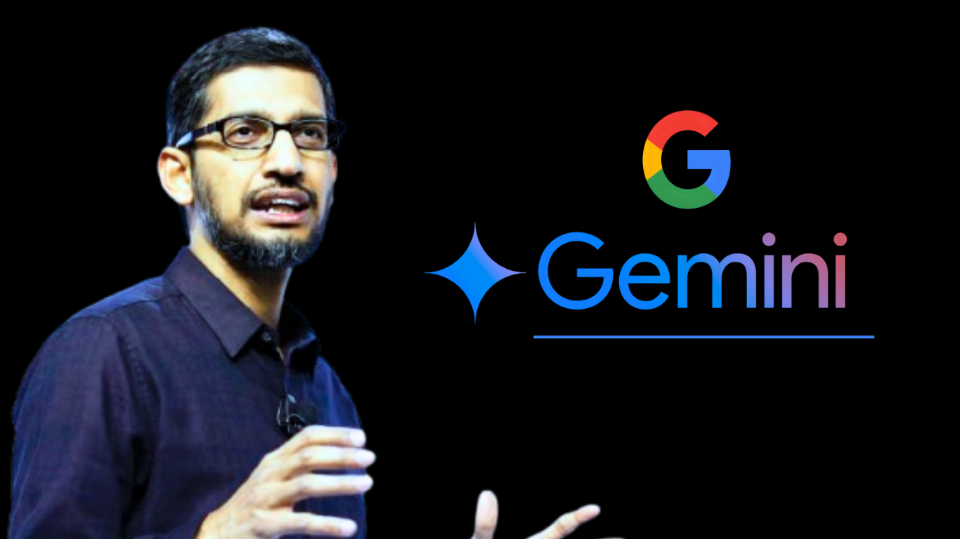 Sundar Pichai celebrating Gemini's ICPC gold medal with AI code visuals and a triumphant crowd in Baku.
